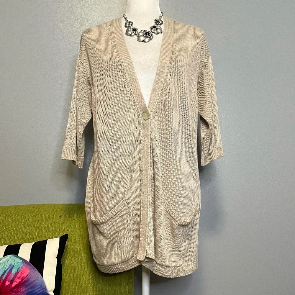J Jill Tan Linen Lightweight Knit Oversized Cardigan Sweater NEW